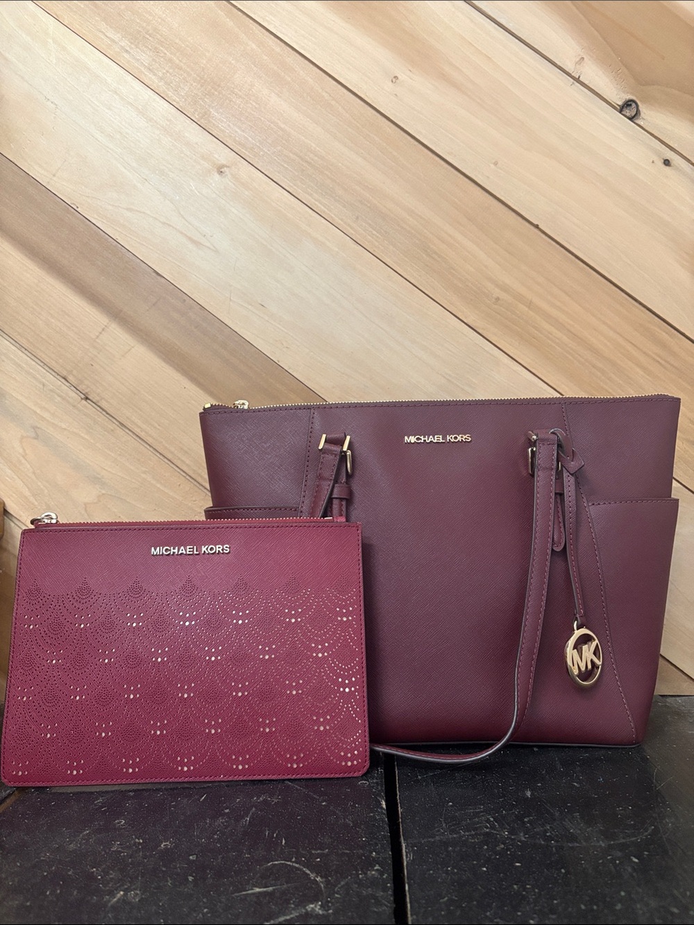 Michael Kors Charlotte Dark Cherry Top-Zip Bag with a Matching Wristlet